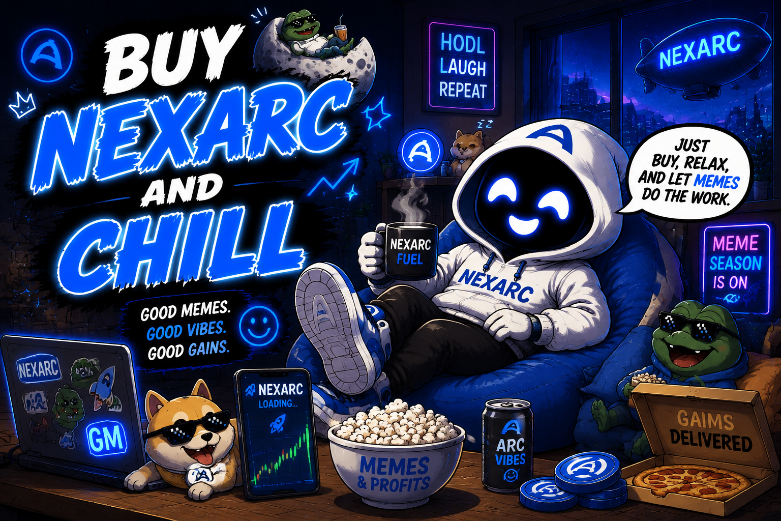 NEXARC mascot relaxing in a beanbag with NEXARC FUEL coffee under neon signs